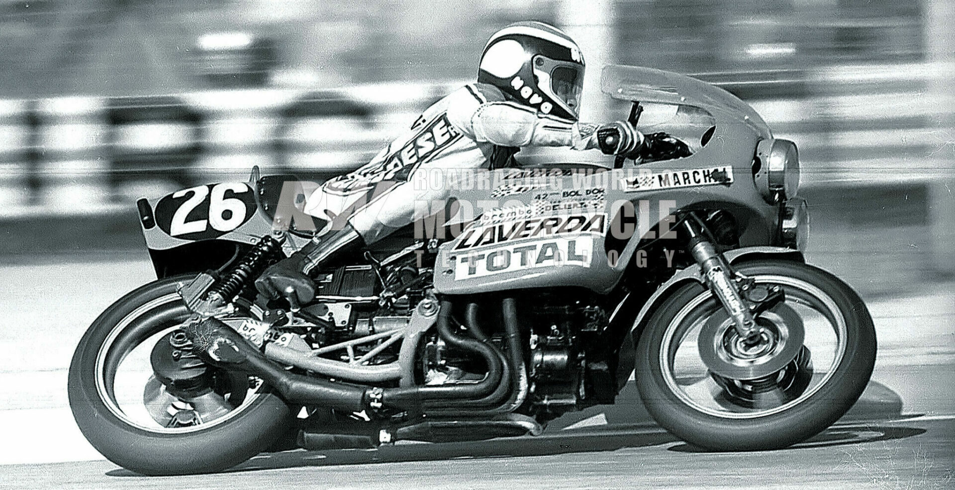 Carlo Perugini on the Laverda V6 1000 in the 1978 Bol d'Or 24-hour World Endurance race. The bike had 20 mph more top speed than any other machine, but DNF with driveshaft issues. Photo courtesy Laverda.  