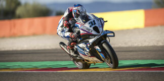 Garrett Gerloff (31) at speed at MotorLand Aragon. Photo courtesy BMW Motorrad Motorsport.