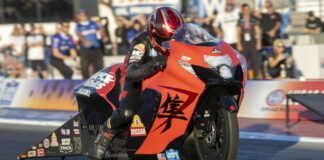 Gaige Herrera (79) capped off his record-breaking rookie season with a win in the NHRA Finals and a Pro Stock Motorcycle Championship. Photo courtesy Suzuki Motor USA, LLC.