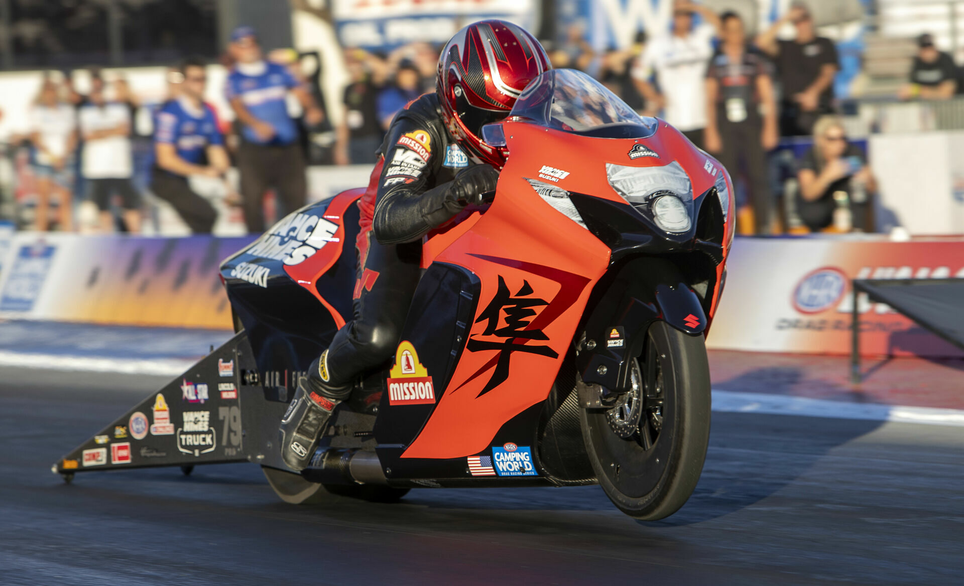 Gaige Herrera (79) capped off his record-breaking rookie season with a win in the NHRA Finals and a Pro Stock Motorcycle Championship. Photo courtesy Suzuki Motor USA, LLC.