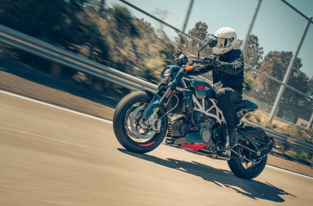 A 2024-model Indian FTR x 100% R Carbon at speed. Photo courtesy Indian Motorcycle.