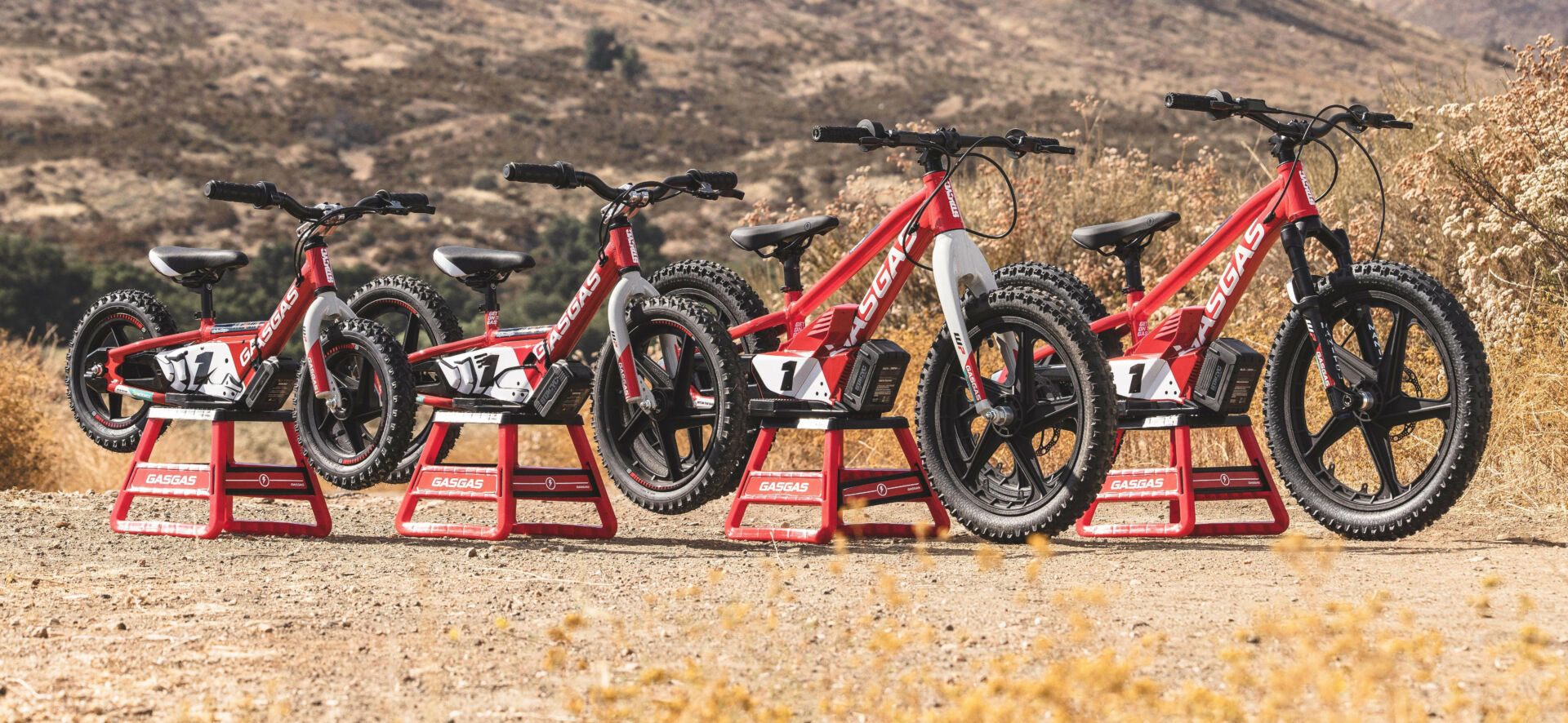 GASGAS's 2024 MC-E electric balance bike family (from left): MC-E 1.12, MC-E 1.16, MC-E 1.18, and MC-E 1.20. Photo courtesy GASGAS.