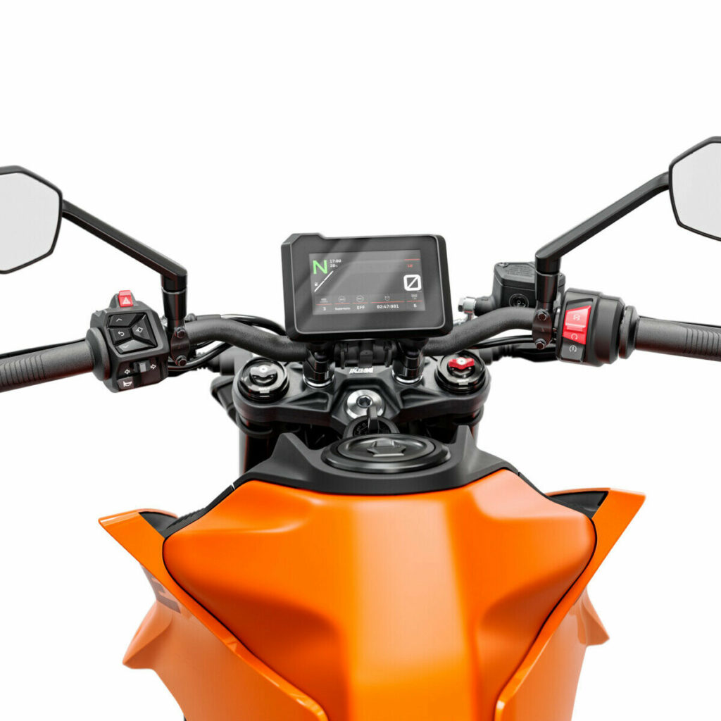 The 2024 KTM 390 Duke comes with adjustable front forks and a five-inch LCD display. Photo courtesy KTM.