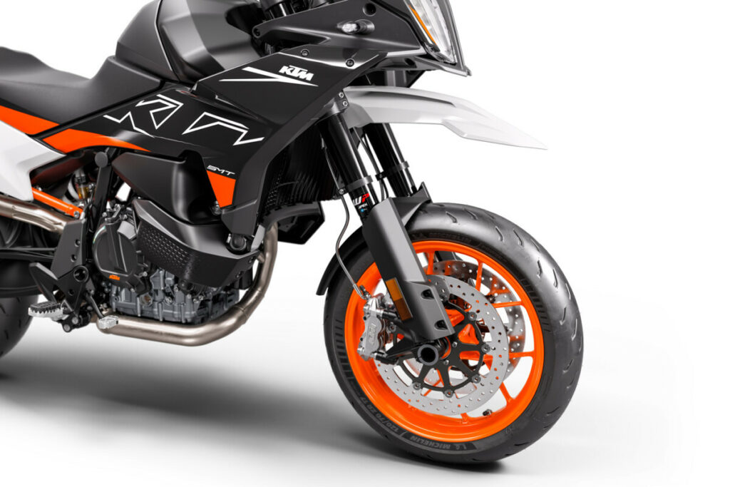 A closeup of the front end on a 2024 KTM 890 SMT. Photo courtesy KTM.