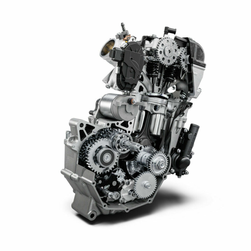 A cutaway shot on the 2024 KTM 390 Duke engine. Photo courtesy KTM.