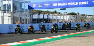 The start of FIM MiniGP World Series 190cc Race One with Lorenzo Pritelli (67) leading the field. Photo by Kohei Hirota.
