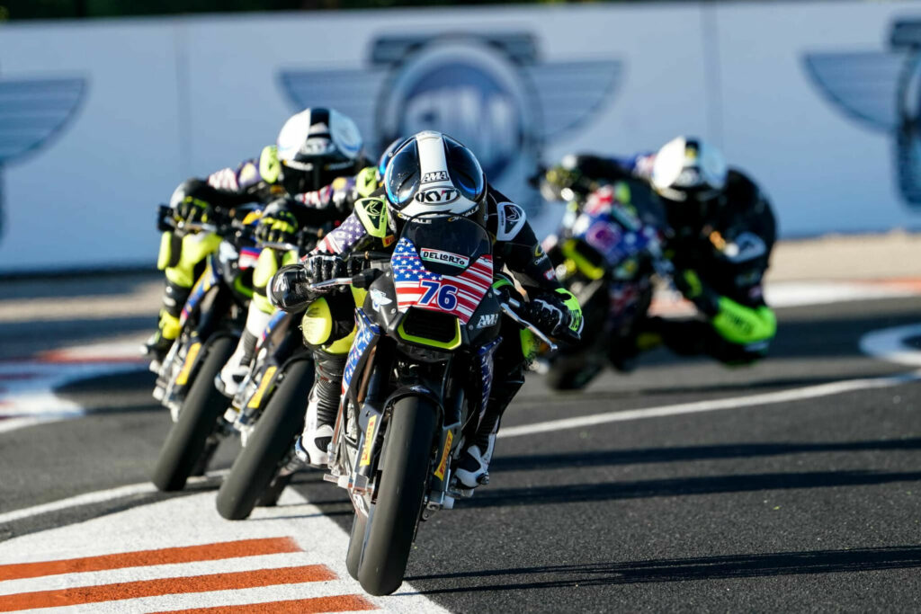 American Joshua Raymond (76) earned his way into the FIM 190 MiniGP World Finals by winning Qualifying Race Two. Photo courtesy Dorna.