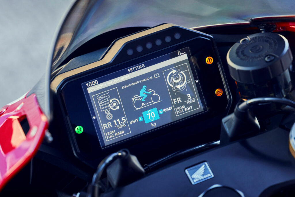 Spring preload can be adjusted via handlebar switches and the five-inch TFT screen on the 2024 Honda CBR1000RR-R Fireblade SP. Photo courtesy Honda Motor Europe.