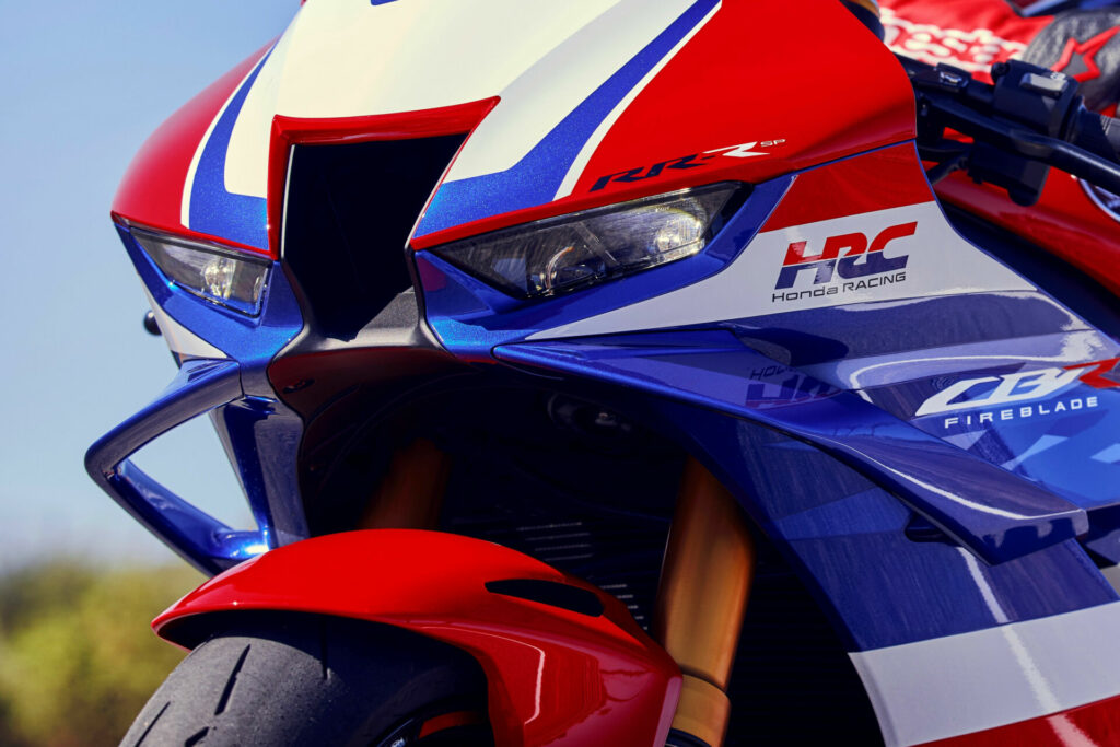 The aerodynamic winglets on the 2024 Honda CBR1000RR-R Fireblade SP produce more downforce while requiring less effort to make transitions. Photo courtesy Honda Motor Europe.