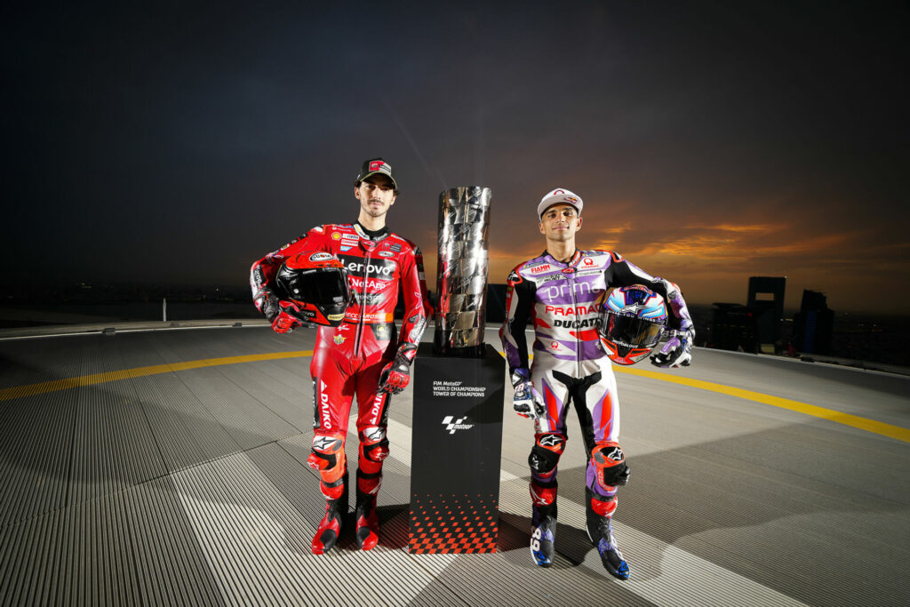 Title contenders Jorge Martin (right) and Francesco "Pecco" Bagnaia (left) pose with the MotoGP World Championship trophy in downtown Doha. Photo courtesy Dorna.