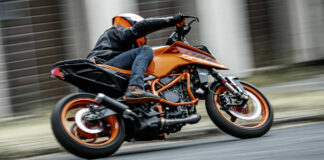 A new 2024 KTM 390 Duke in action. Photo by Rudi Schedl, courtesy KTM.