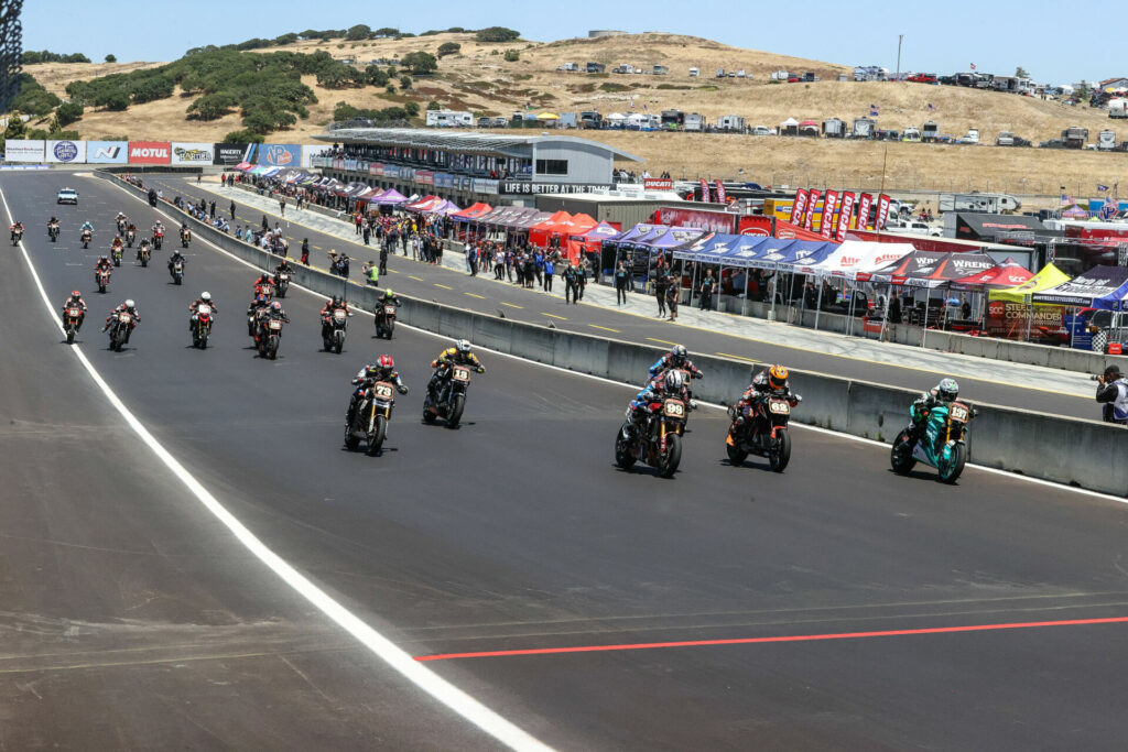 Stefano Mesa (137) got a holeshot on the Tytlers Cycle Racing Energica Ribelle RS at WeatherTech Raceway Laguna Seca. Photo courtesy Energica.