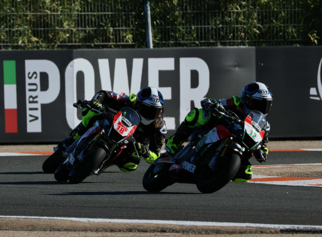 Ben Hardwick (18) challenges Hungary’s Tamas Lukacs (12) during race two action in Valencia. Hardwick would go on to finish 12th and 14th for Team Canada. Photo by Colin Fraser, courtesy CSBK.