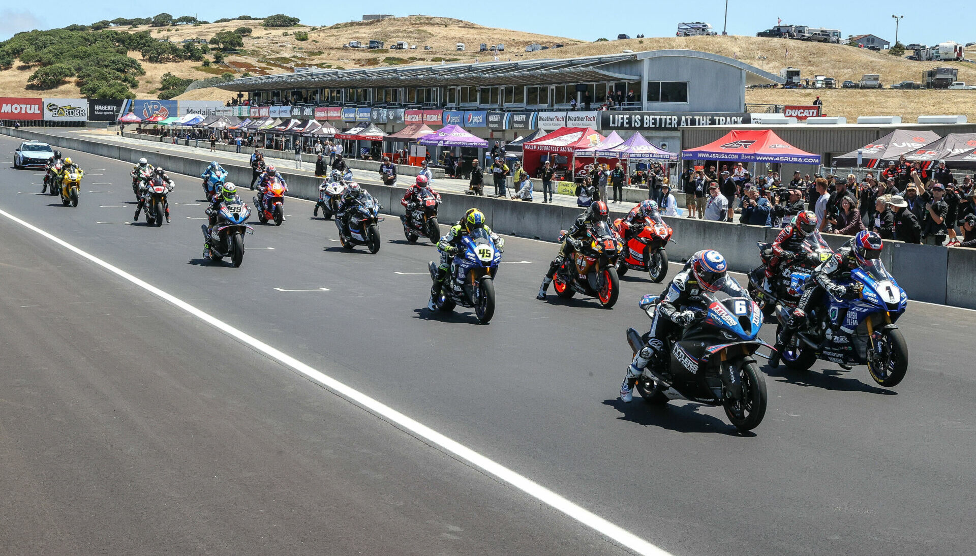 The start of MotoAmerica Superbike Race Two at Laguna Seca in 2023. Photo by Brian J. Nelson.