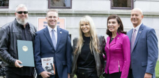 (From left) Harley-Davidson's Chris Yurista Sr, Senator Chris Gebhard, Harley-Davidson's Karen Davidson, Senator Kristin Phillips-Hill, and Senator Pat Stefano. Photo courtesy Harley-Davidson.