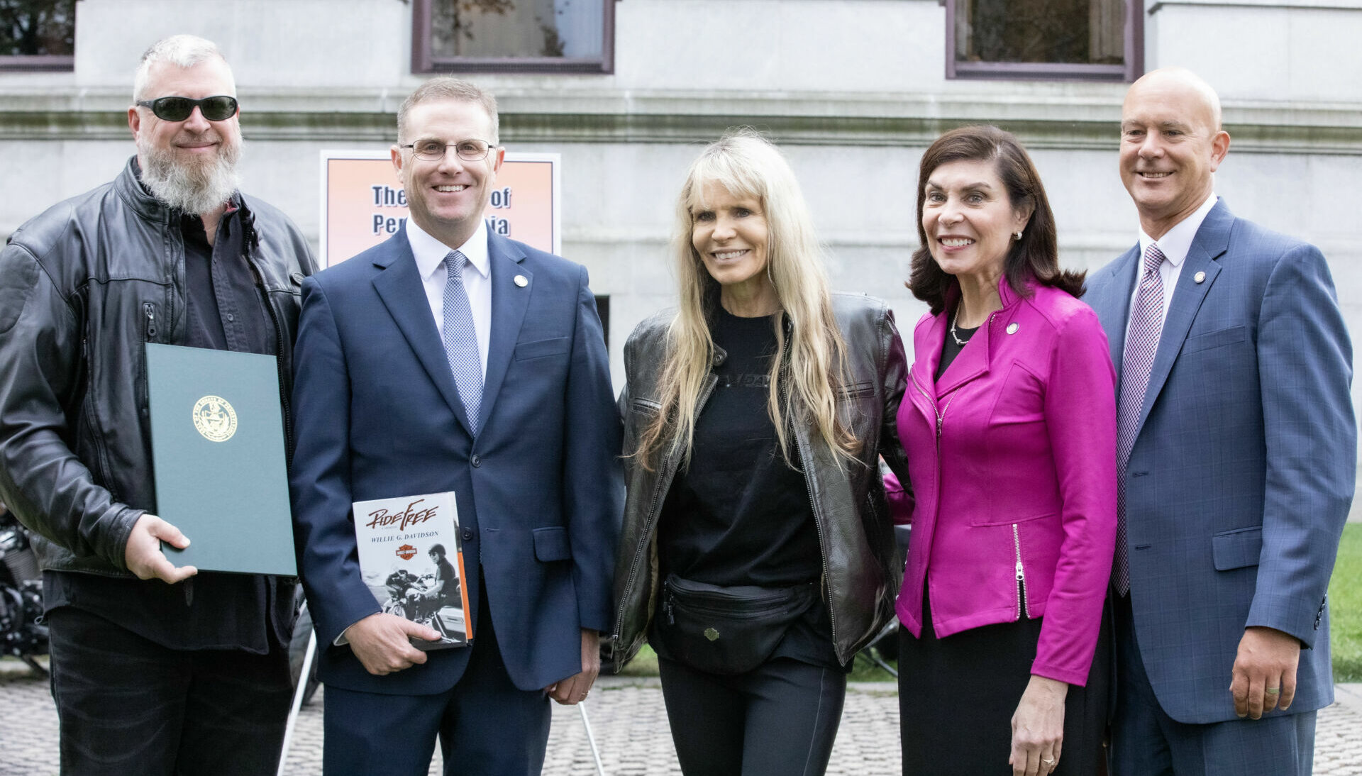 (From left) Harley-Davidson's Chris Yurista Sr, Senator Chris Gebhard, Harley-Davidson's Karen Davidson, Senator Kristin Phillips-Hill, and Senator Pat Stefano. Photo courtesy Harley-Davidson.