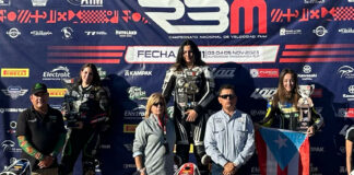 Race winner Astrid Madrigal (center), runner-up Nicole Zanco (left), and third-place finisher Elisa Gendron-Belen (right) FIM and RBM representatives on the podium in Mexico.   Photo by Aymme Belen.