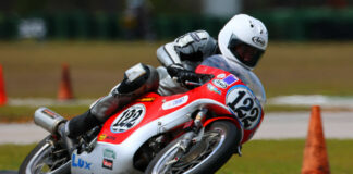 Alex McLean (122) won the inaugural Vintage Cup Championship featuring the 350GP class in 2019. Photo by etechphoto.com, courtesy AHRMA.