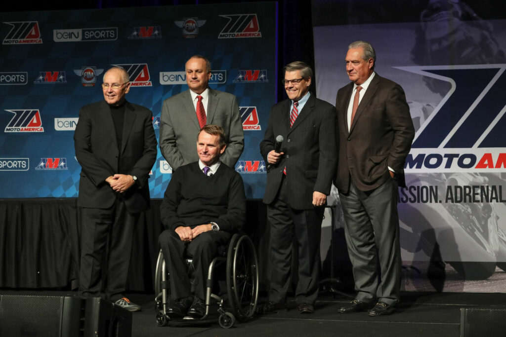 KRAVE Group/MotoAmerica partners Terry Karges (far left), Chuck Aksland (second from left), Wayne Rainey (center), and Richard Varner (far right) with AMA President Rob Dingman (second from right) at the 2018 MotoAmerica awards banquet at Barber Motorsports Park. Photo by Brian J. Nelson. 