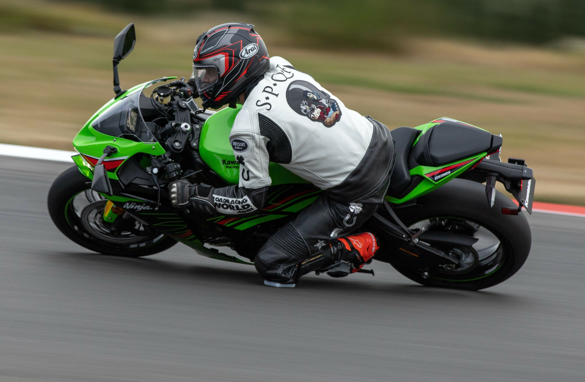 Roadracing World Wild Card Editor Sam Fleming at speed on a 2024 Kawasaki Ninja ZX-6R at Ridge Motorsports Park. Photo by Kevin Wing, courtesy Kawasaki Motors Corp., U.S.A.