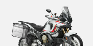 The 2024 MV Agusta LXP Orioli comes standard with hard side cases and crash guards. Photo courtesy MV Agusta.