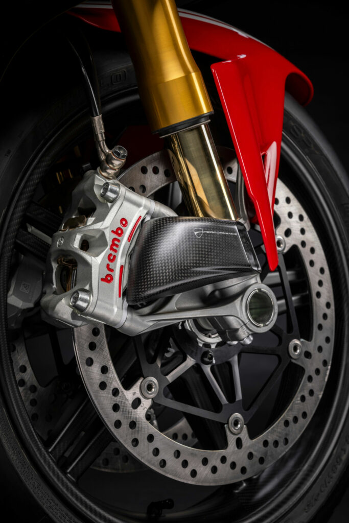 The Ducati Panigale V4 SP2 30° Anniversario 916 editions come with carbon-fiber wheels, carbon-fiber brake caliper cooling ducts, and Brembo Stylema R front brake calipers. Photo courtesy Ducati.