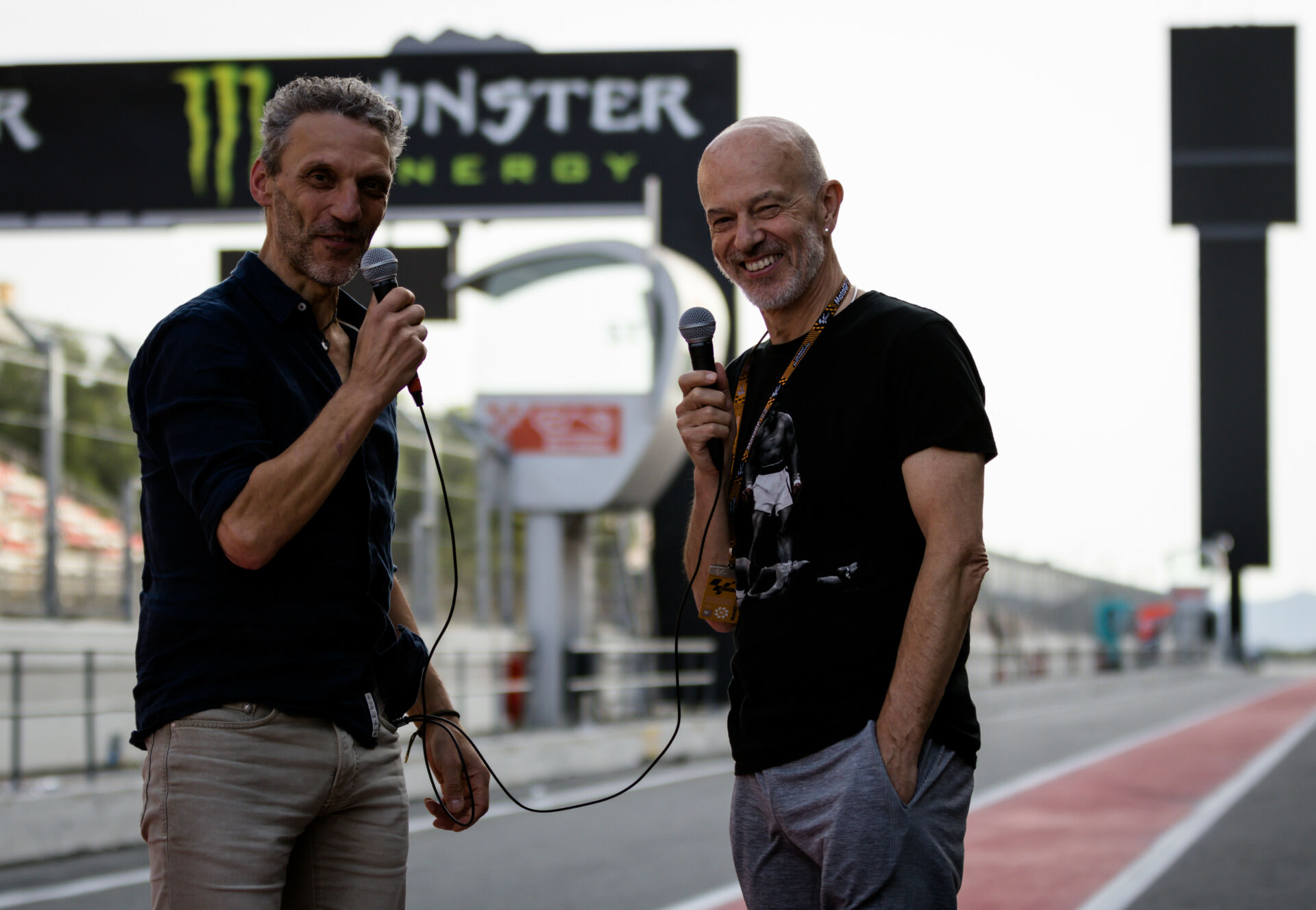 Roadracing World MotoGP Editor and Isle of Man TT winner Mat Oxley (right) and two-time World Championship-winning Crew Chief Peter Bom (left). Photo courtesy Mat Oxley.