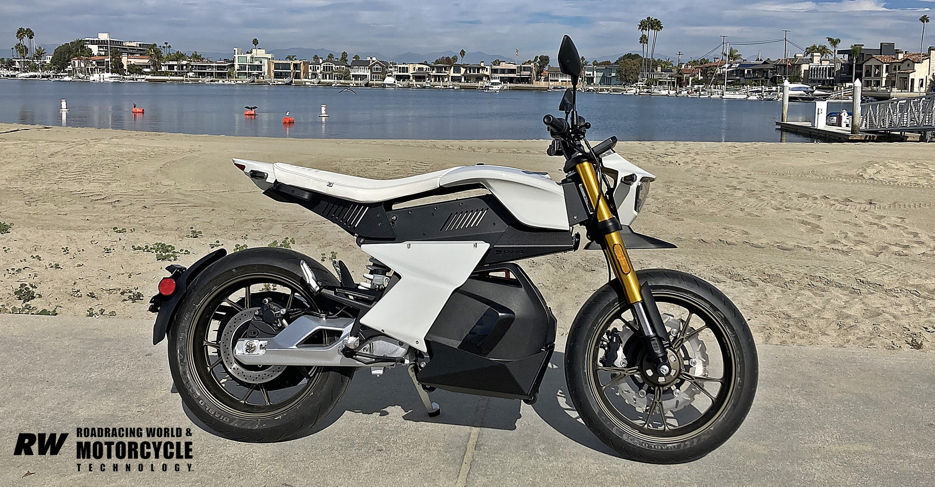 Ryvid Anthem electric motorcycle on Long Beach shore