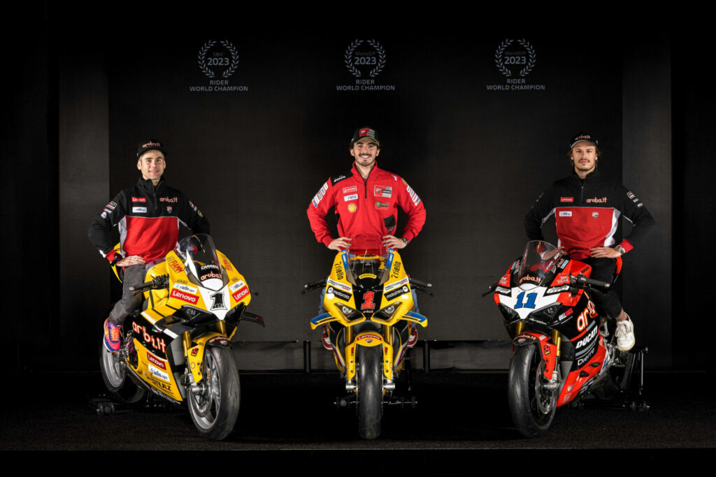 2023 Superbike World Champion Alvaro Bautista (left), 2023 MotoGP World Champion Francesco Bagnaia (center), and 2023 Supersport World Champion Nicolo Bulega (right). Photo courtesy Ducati.