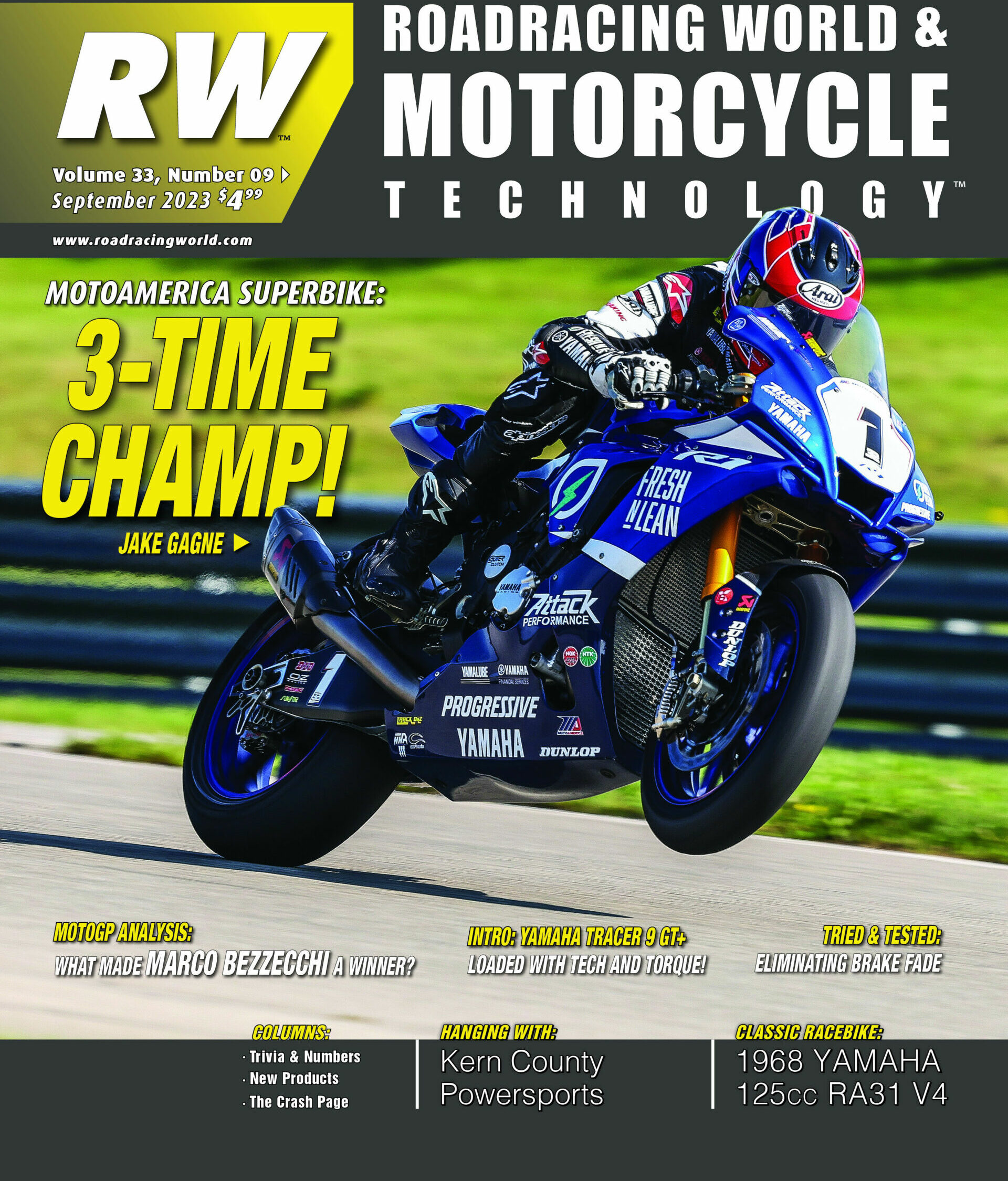 The cover of the September 2023 issue of Roadracing World & Motorcycle Technology magazine. Cover photo by Brian J. Nelson.