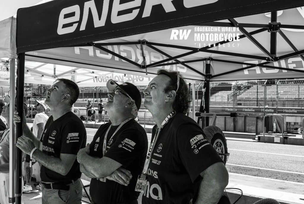 (From left) Energica USA CEO Stefano Benatti, Tytlers Cycle Racing team owner Michael Kiley, and Energica CTO Giampiero Testoni. Photo by Valerio Piccini.
