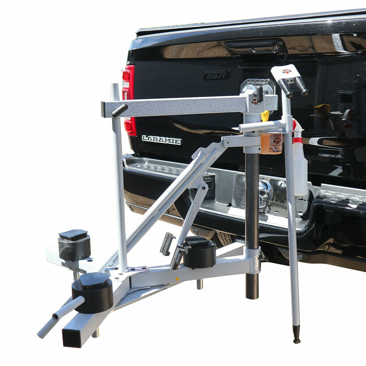 A No-Mar Tire Changer mounted on a tow hitch receiver. Photo courtesy No-Mar Tire Changer.