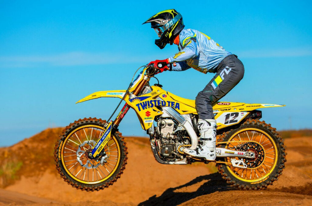 Shane McElrath (12) eagerly preps for the Supermotocross World Championship at Anaheim 1. Photo courtesy Suzuki Motor USA.