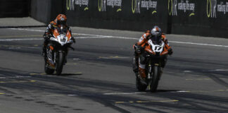 Troy Herfoss (17) leads Josh Waters (21) across the finish line at the end of Race One. Photo courtesy ASBK.