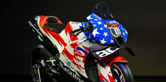 The Trackhouse Racing Aprilia RS-GP, as presented Tuesday in Europe. Photo courtesy Dorna.