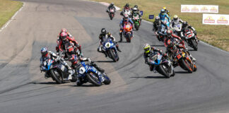 Jake Gagne (1) leads the start of MotoAmerica Superbike Race One at Brainerd, before it all went bad for Cameron Beaubier (6) and Mathew Scholtz (11). Photo by Brian J. Nelson.