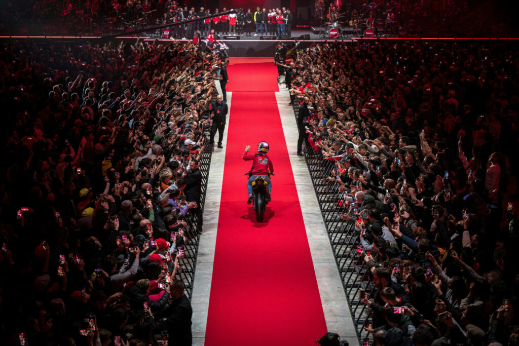 2023 MotoGP World Champion Francesco "Pecco" Bagnaia rides into the Unipol Arena at the Campioni in Fiesta. Photo courtesy Ducati.