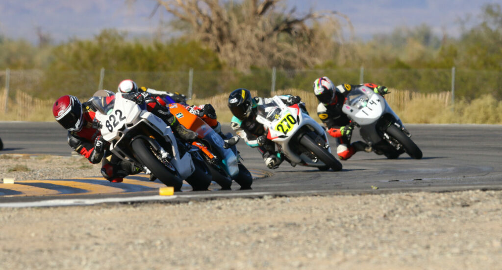 Gio Alvarez (822) leads Alexander Enriquez (behind Alvarez), Mallory Dobbs (270), and Josh Fogle (114) in the CVMA Formula Lightweight Twins race. Photo by CaliPhotography.com, courtesy CVMA.