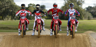 Team Honda HRC 250 riders Chance Hymas (48) and Jo Shimoda (30) and Team Honda HRC 450 riders Jett Lawrence (18) and Hunter Lawrence (96). Photo courtesy American Honda.
