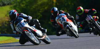 AHRMA racers Joe Ackley (709), Wes Orloff (74), and Maxon McLaughlin (713) at speed at Barber Motorsports Park. Photo by etechphoto.com, courtesy AHRMA.