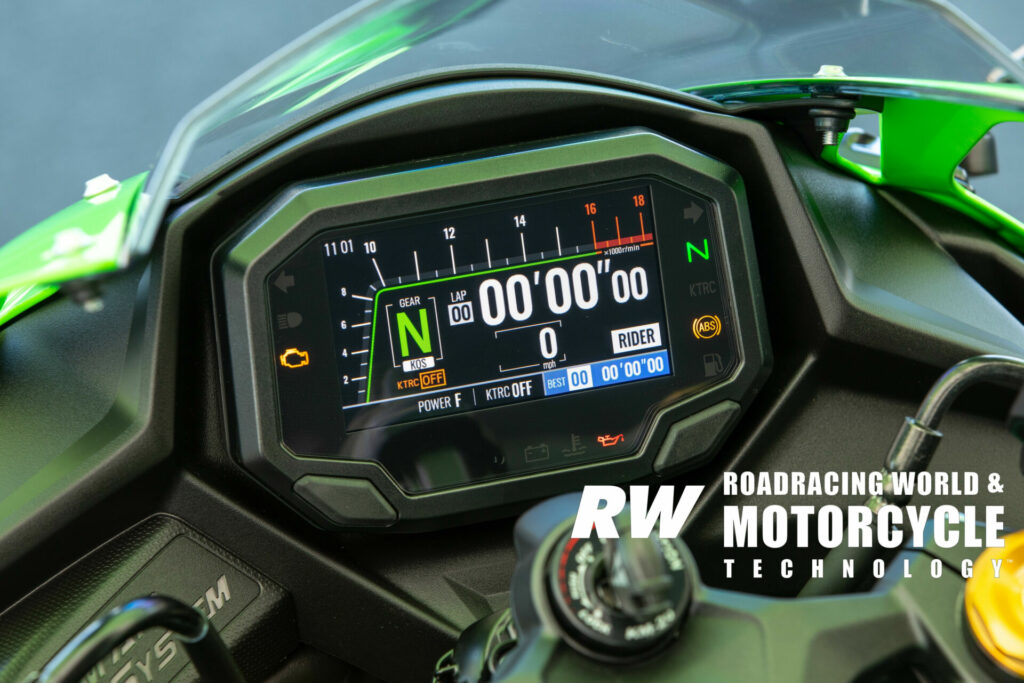 The ZX-4RR's dash is ready to take lap times when the bike is in Rider mode. Photo by Kevin Wing.