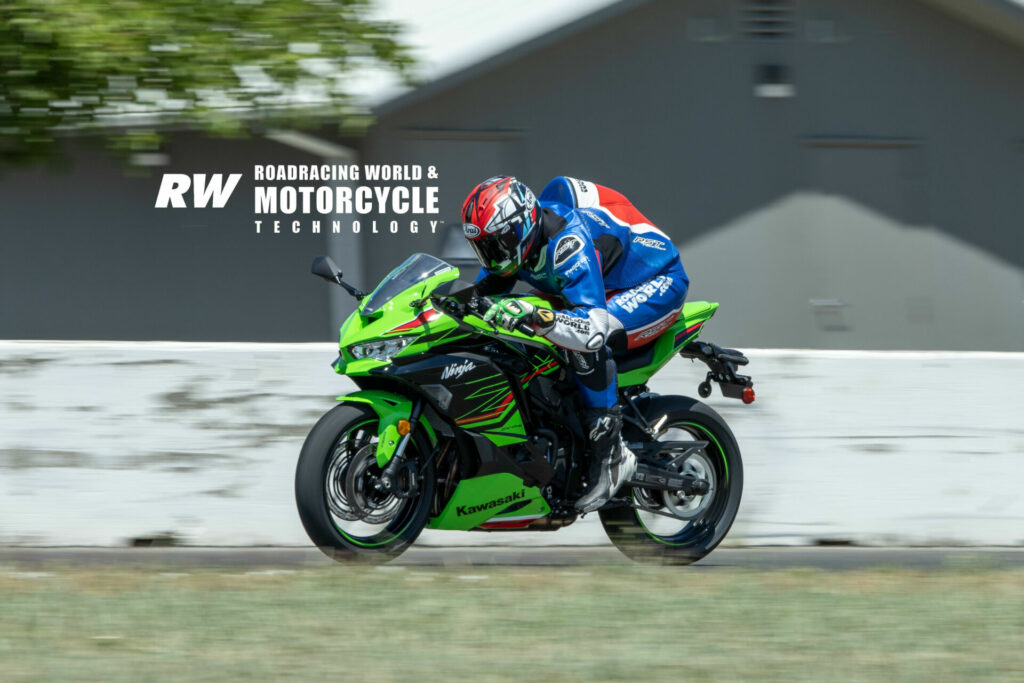 Part of the appeal of riding the ZX-4RR on a racetrack is the ability to use all of its power more often. Photo by Kevin Wing.