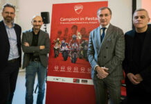 (From left) Bologna Mayor Matteo Lepore, Ducati CEO Claudio Domenicali, Unipol Arena representative Claudio Sabatini, and Casalecchio di Reno Mayor Massino Bosso. Photo courtesy Ducati.