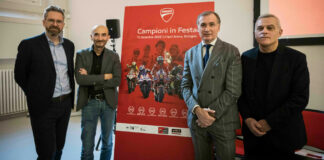 (From left) Bologna Mayor Matteo Lepore, Ducati CEO Claudio Domenicali, Unipol Arena representative Claudio Sabatini, and Casalecchio di Reno Mayor Massino Bosso. Photo courtesy Ducati.