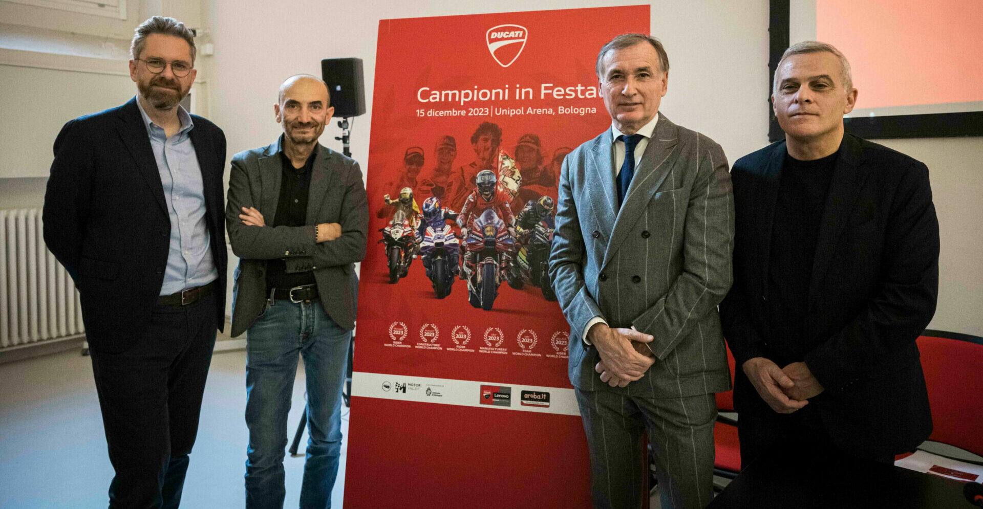 (From left) Bologna Mayor Matteo Lepore, Ducati CEO Claudio Domenicali, Unipol Arena representative Claudio Sabatini, and Casalecchio di Reno Mayor Massino Bosso. Photo courtesy Ducati.