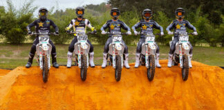 Rockstar Energy Husqvarna Factory Racing Team 450 riders Malcolm Stewart (27) and Christian Craig (28) and Rockstar Energy Husqvarna Factory Racing Team 250 riders RJ Hampshire (24), Guillem Farres (83), and Casey Cochran (166). Photo courtesy Husqvarna.