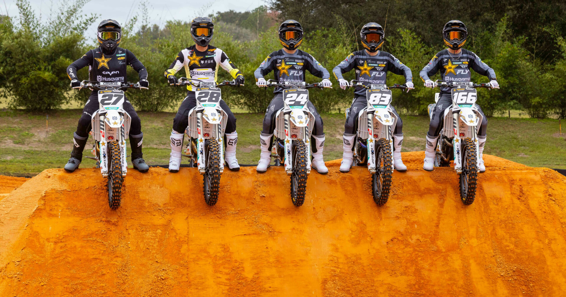 Rockstar Energy Husqvarna Factory Racing Team 450 riders Malcolm Stewart (27) and Christian Craig (28) and Rockstar Energy Husqvarna Factory Racing Team 250 riders RJ Hampshire (24), Guillem Farres (83), and Casey Cochran (166). Photo courtesy Husqvarna.