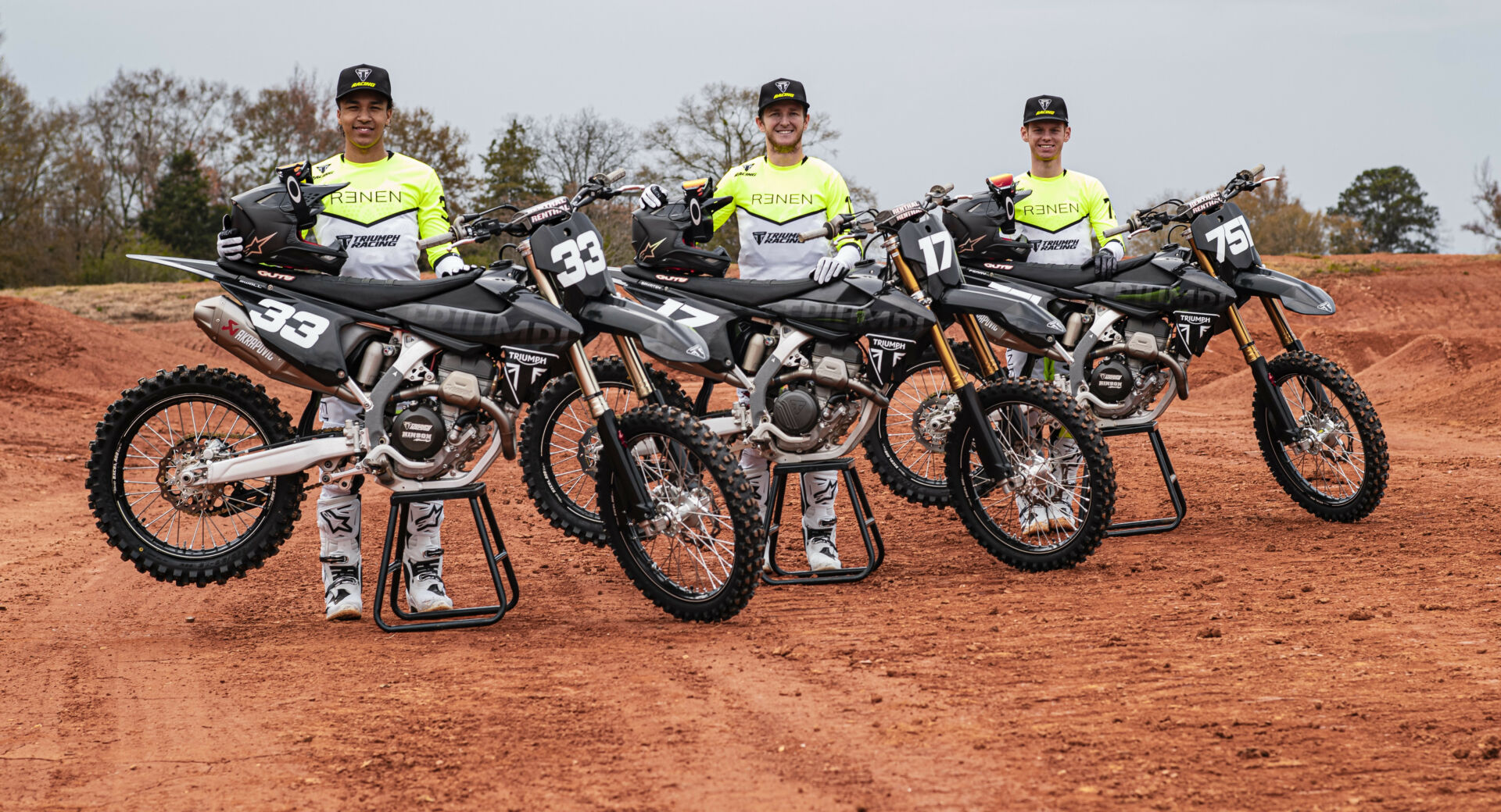 Triumph's 2024 AMA Supercross and Motocross riders (from left) Jalek Swoll, Joey Savatgy, and Evan Ferry. Photo courtesy Triumph.