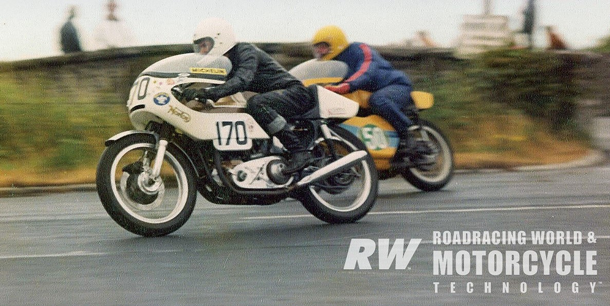Author Mick Ofield (170) accelerating out of Castletown Corner in 1976, in his debut ride at the Southern 100. 