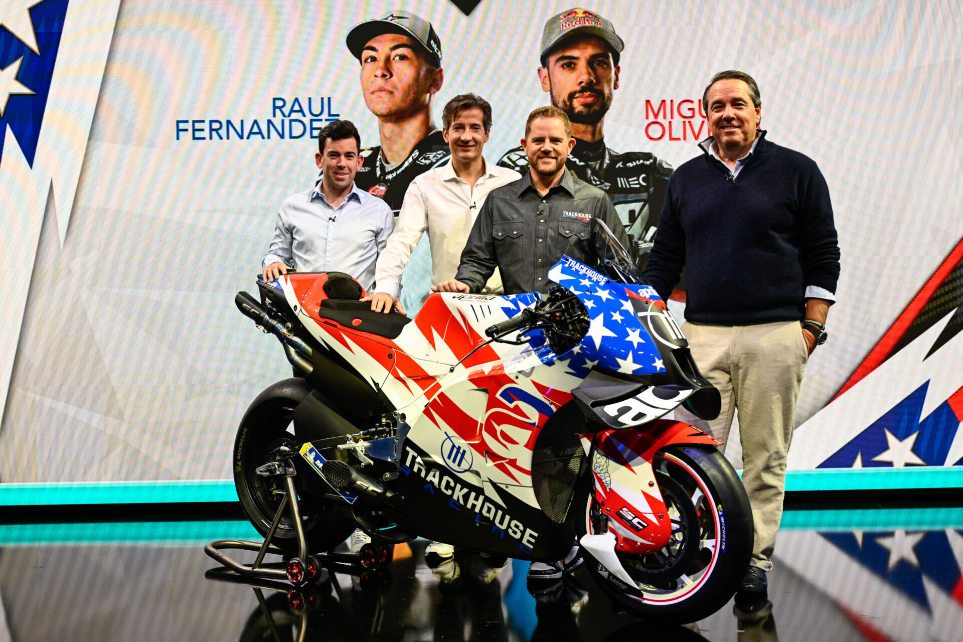 (From left) Dorna Chief Sporting Officer (CSO) Carlos Ezpeleta, Aprilia Chief Executive Officer (CEO) Massimo Rivola, Trackhouse Racing owner Justin Marks, and Dorna Chief Commercial Officer (CCO) Dan Rossomondo. Photo courtesy Dorna.